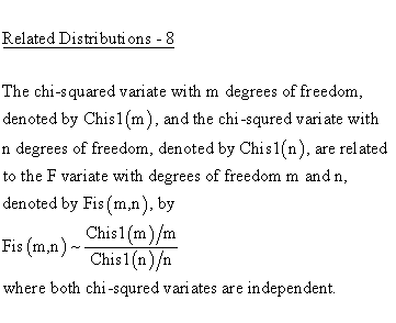 Continuous Distributions - Chi Square 1 Distribution - Related
Distributions 8 - Chi Square 1-Parameter Distributions versus Fisher
F-Distribution