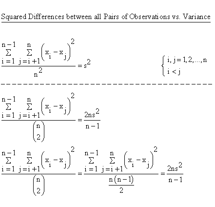 Descriptive Statistics - Variability - Squared Differences between all Pairs of Observations versus Variance